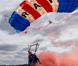 Pictured are the RAF Falcons at the Cosford Air Show opening the displays.
RAF Cosford Air Show 2026, themed “Engineering the Future,” took place on Sunday 14 June 2026, offering a one‑day, family‑friendly aviation spectacle with headline flying displays (including the Red Arrows), a mix of modern fast jets, historic warbirds and international participants, extensive static exhibits and new museum acquisitions, plus interactive STEM zones, a vintage village and trade stalls; gates opened at 08:00, organisers warned the event sold out in advance with no on‑the‑day sales, Cosford station and nearby roads were extremely busy with road closures in place, and attendees were advised to bring printed or screenshot tickets, ear protection for children, folding chairs or picnic blankets, and cash, while independent broadcasters streamed the flying display for those who couldn’t attend and organisers published late substitutions to the flying programme where operational issues required changes.
Photo captured AS1 Samuel Marcham, 14th June 2026.